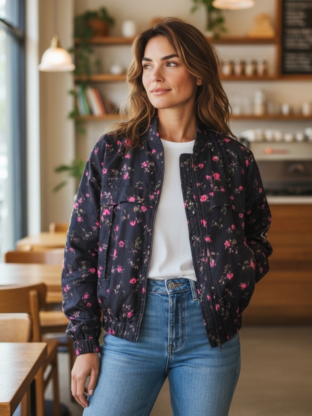 Pam & Gela Black Bomber Jacket with Pink Floral Print